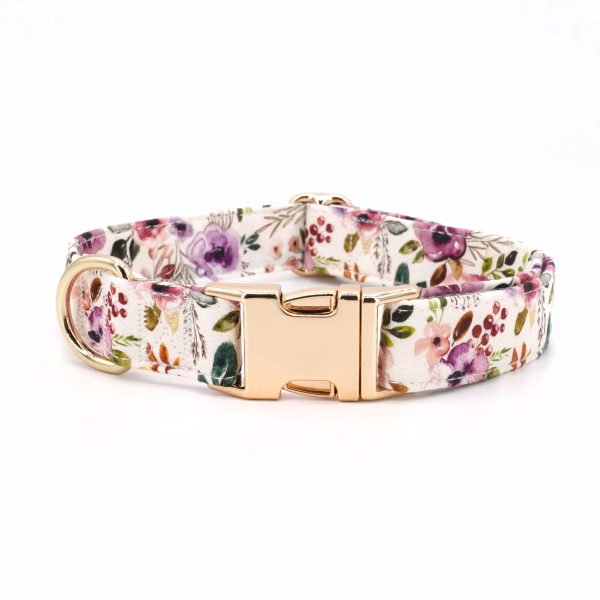 Collier et laisse assortis avec une boucle amovible aux couleurs vibrantes et florales, pour un look distingué. Matching collar and leash with a removable bow in vibrant floral colors, for a distinguished look.